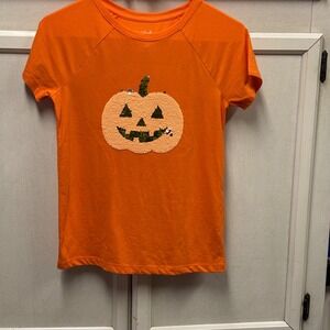 Cat & Jack Halloween Orange Pumpkin Sequin Graphic Tee Shirt Kids Size L 10/12